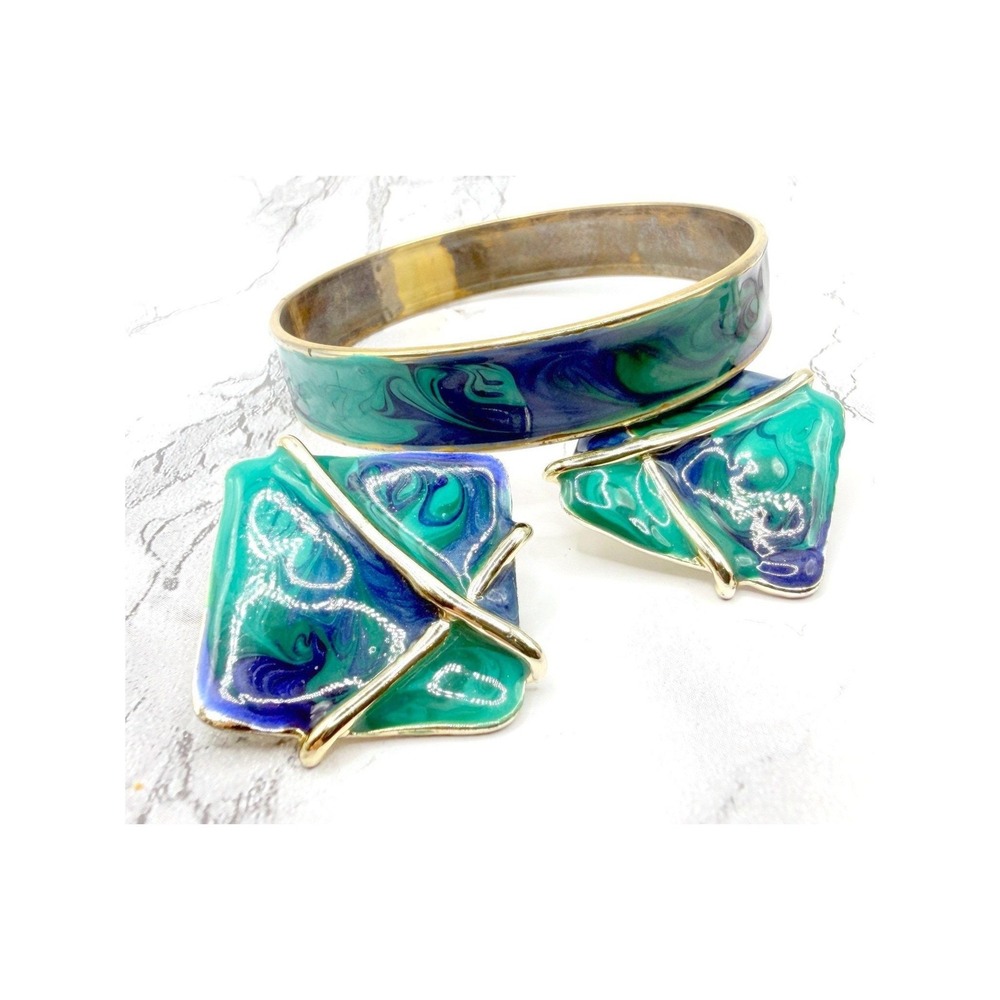 Gold Tone Faux Abalone Bangle Bracelet Stud Earrings Jewelry Set